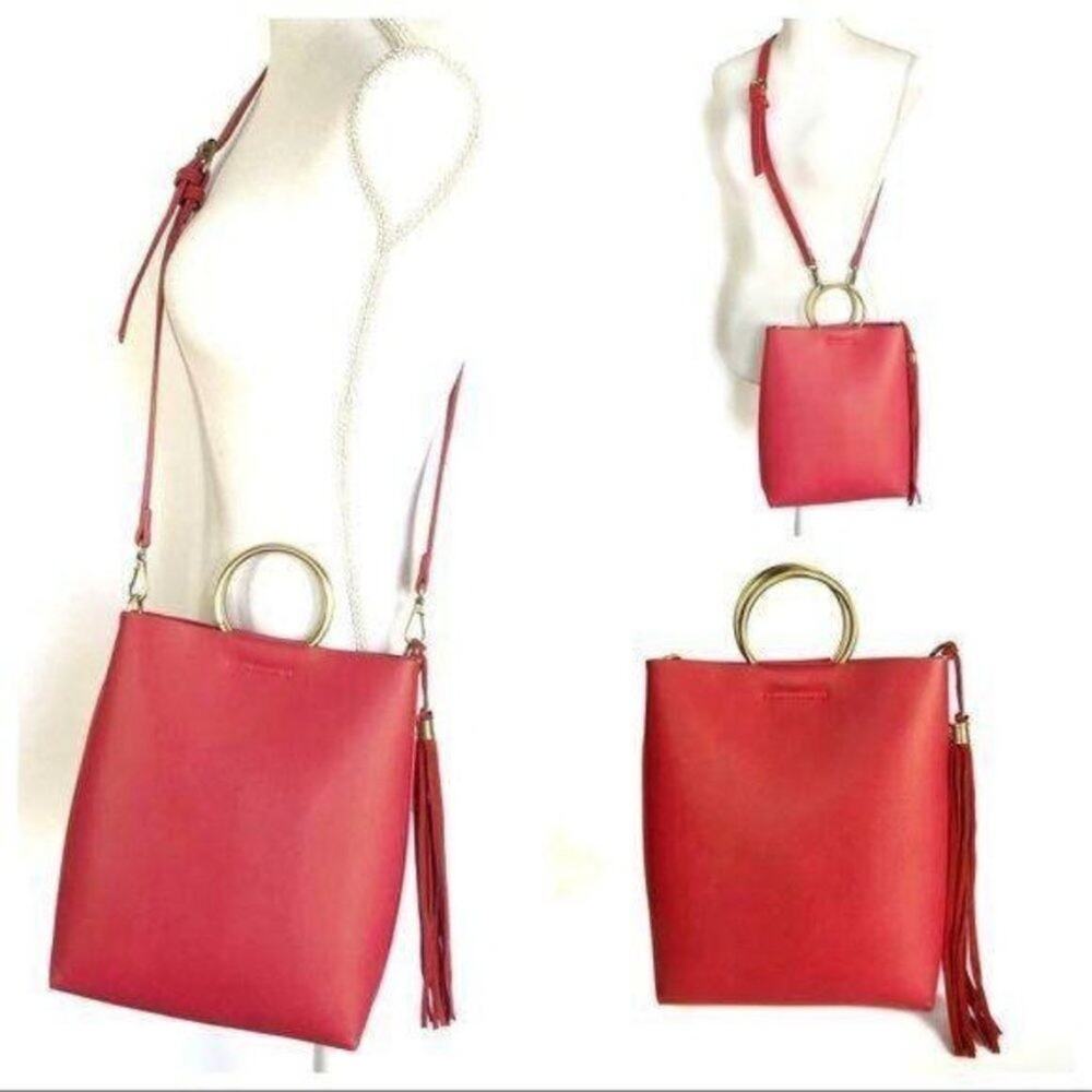 Red Leather Ring Handle Bag Tassel Detachable Crossbody Adjustable Strap